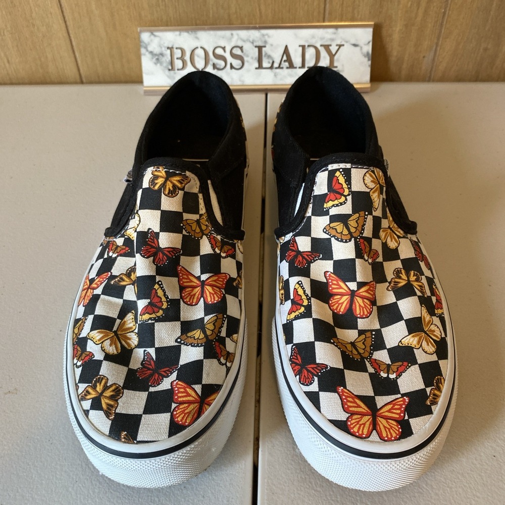 Vans Asher Butterfly Women's Checker Canvas Slip-On Skate Shoes Size 8